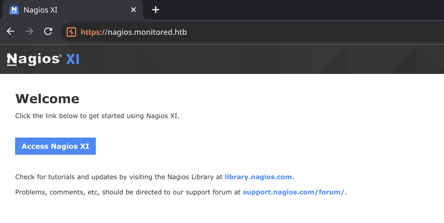 Главная страница сайта nagios.monitored.htb