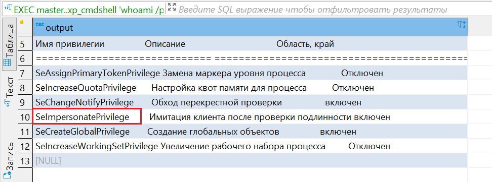 Привилегии и контекст учетной записи сервера базы данных на хосте PPO-BD