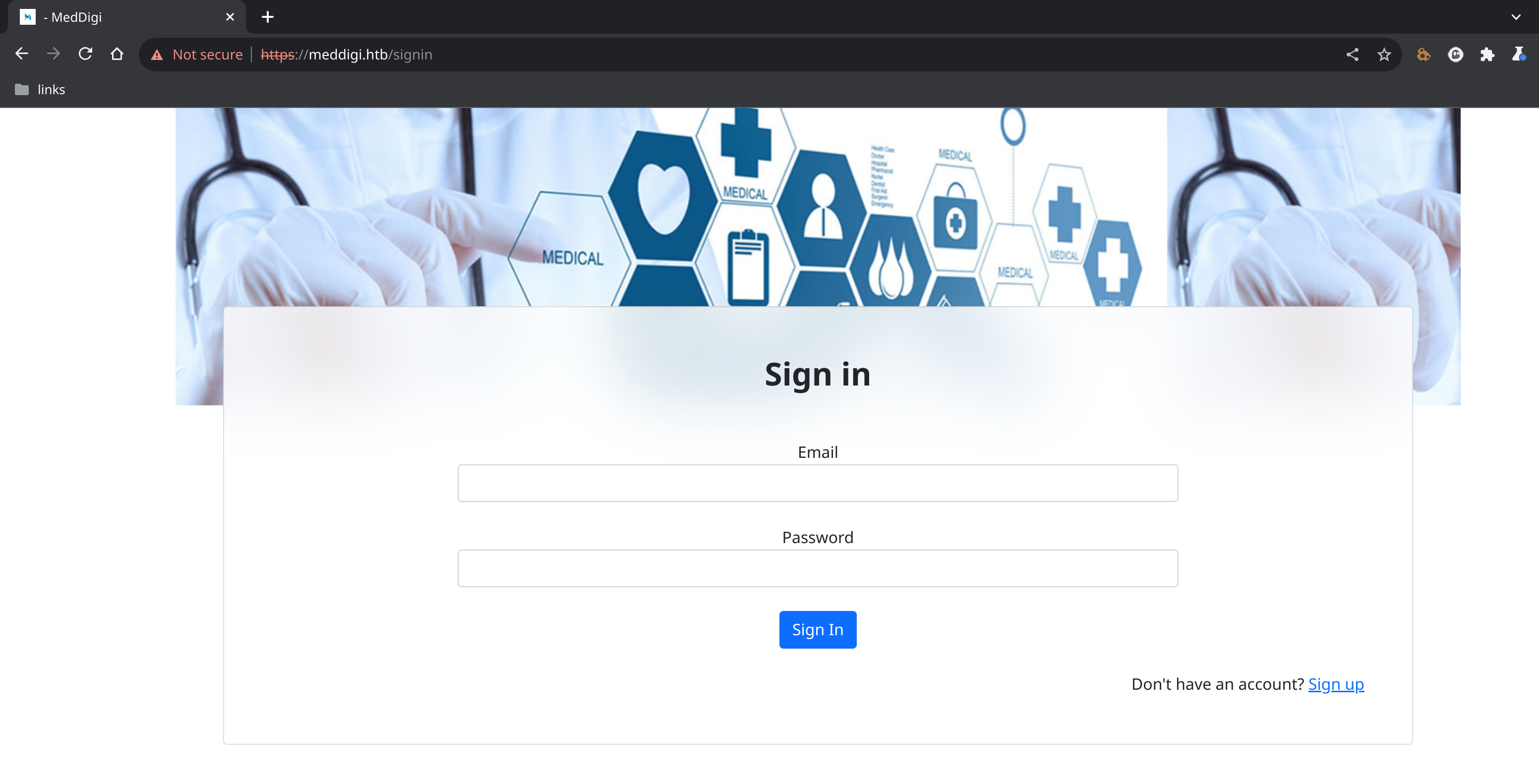 Форма авторизации сайта meddigi.htb