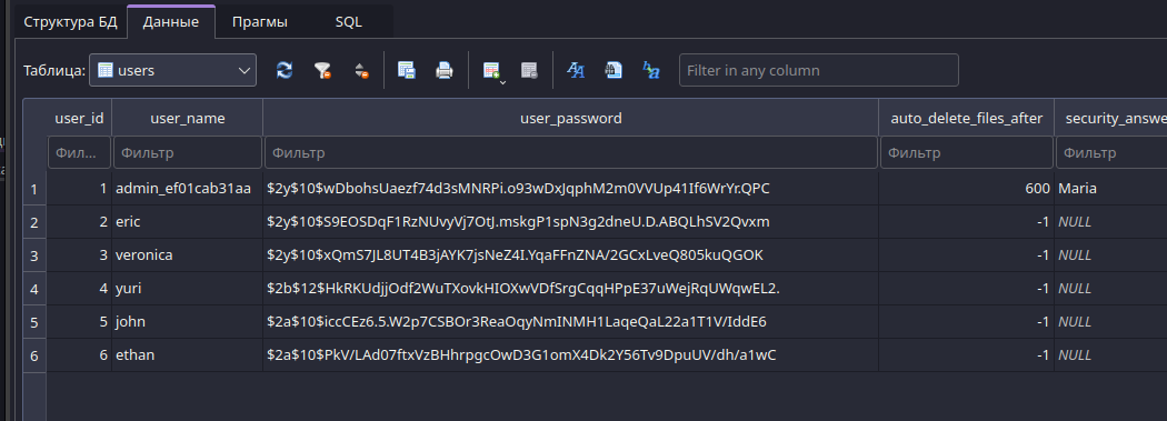 Содержимое таблицы users