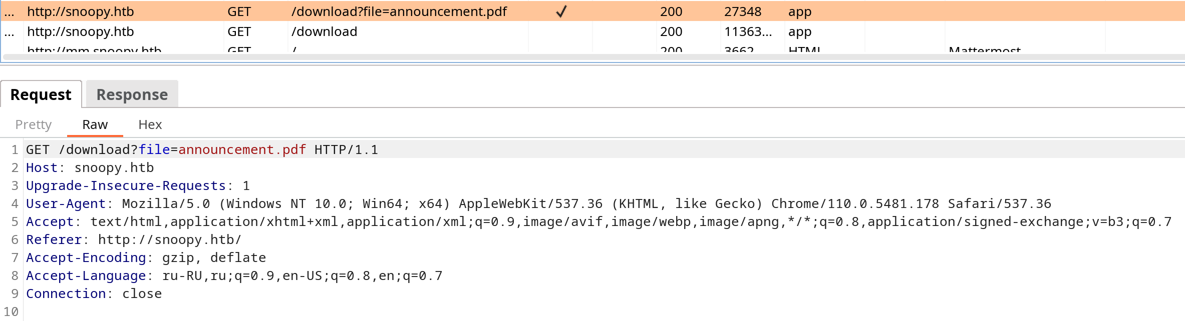 Скачанный файл в Burp Proxy
