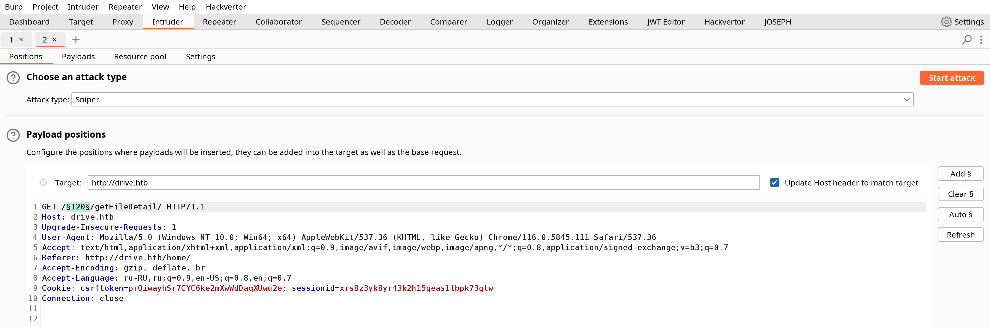 Burp Intruder — вкладка Positions