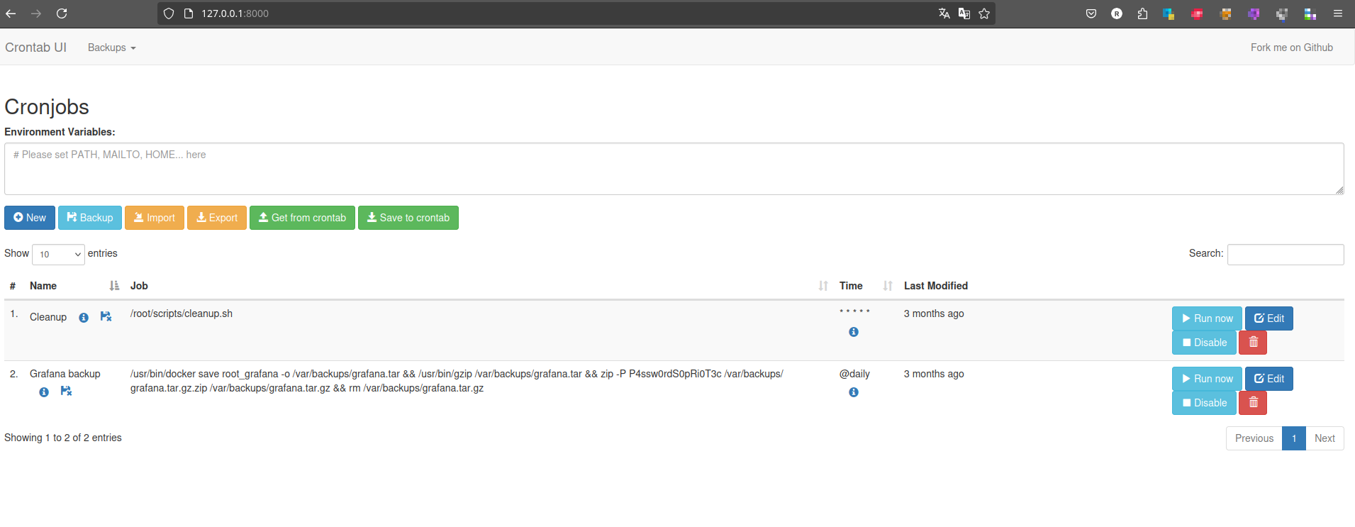 Главная страница Cronjobs