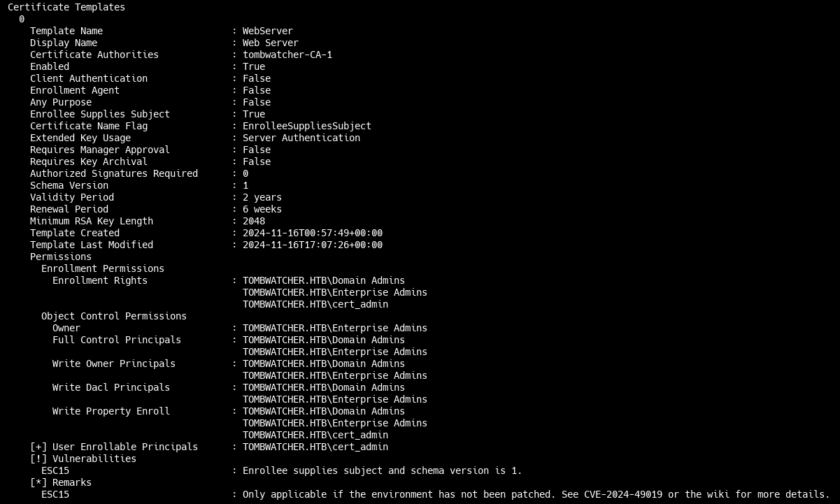 Информация о шаблоне сертификата WebServer