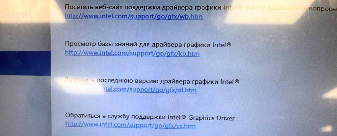 Выбор страницы поддержки (панель управления HD-графикой Intel)