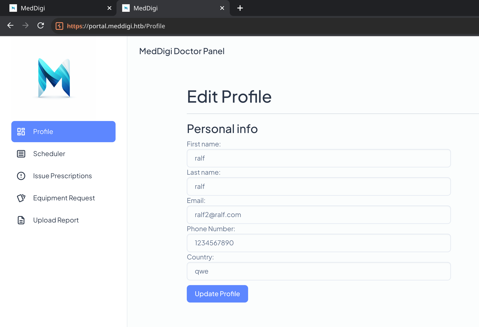 Главная страница сайта portal.meddigi.htb