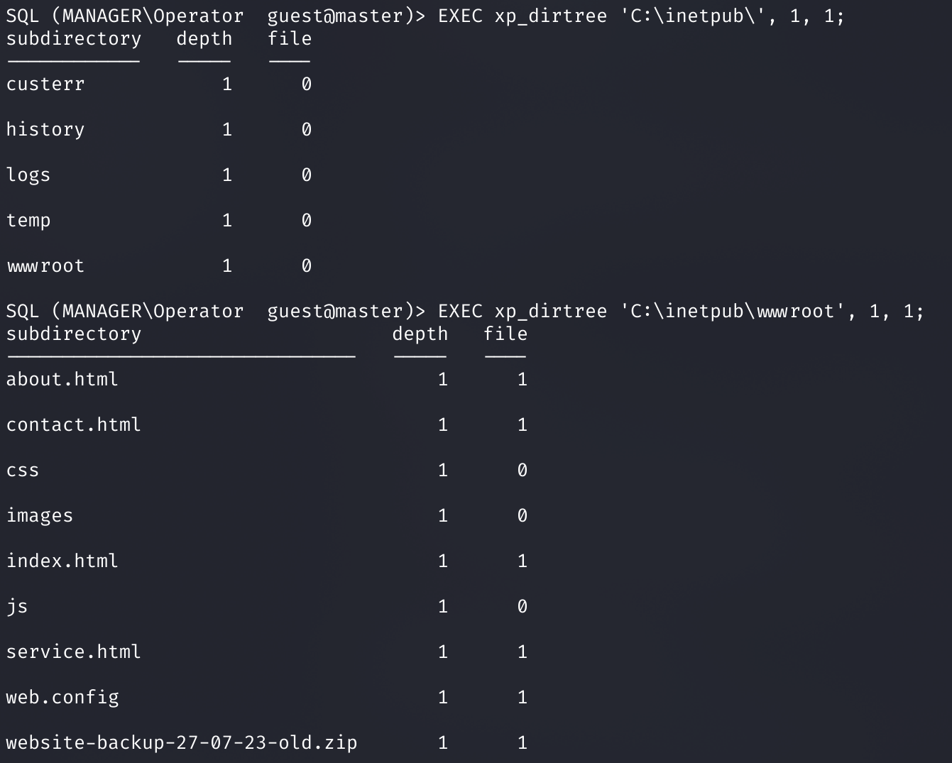 Содержимое каталогов inetpub\wwwroot