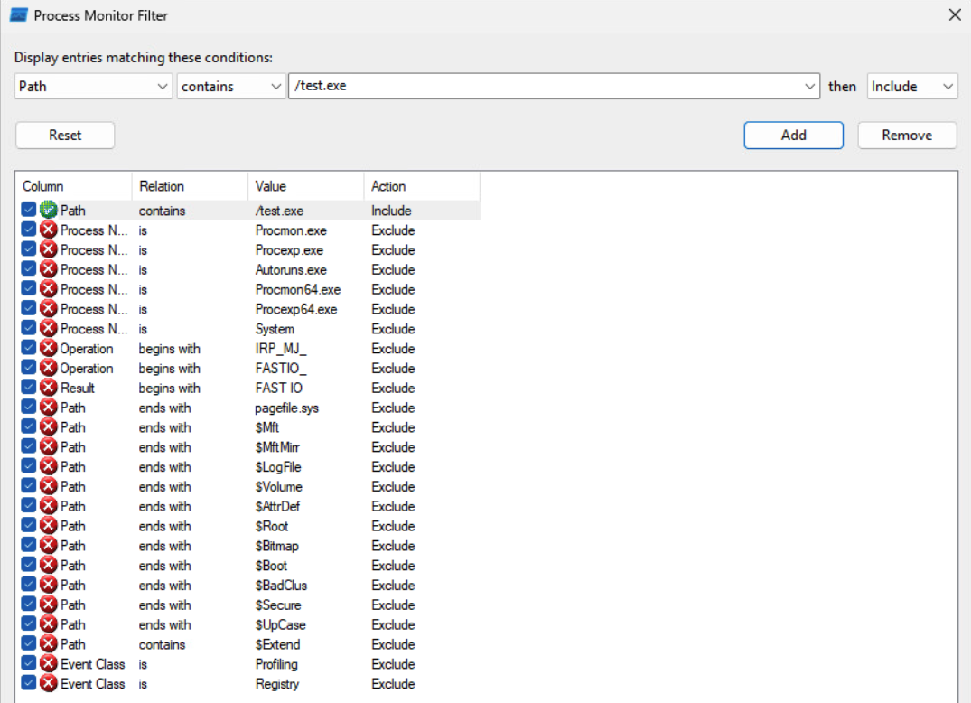 Procmon filters settings