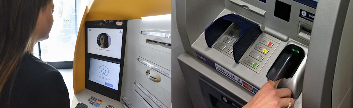 Банкоматы с функцией распознавания лица (слева) и рисунка вен в пальце (справа). Источники: CaixaBank и The Guardian
