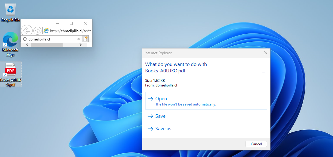 Figure 4: IE and a promote window dialog appear when the victimdouble-clicks on the .url file