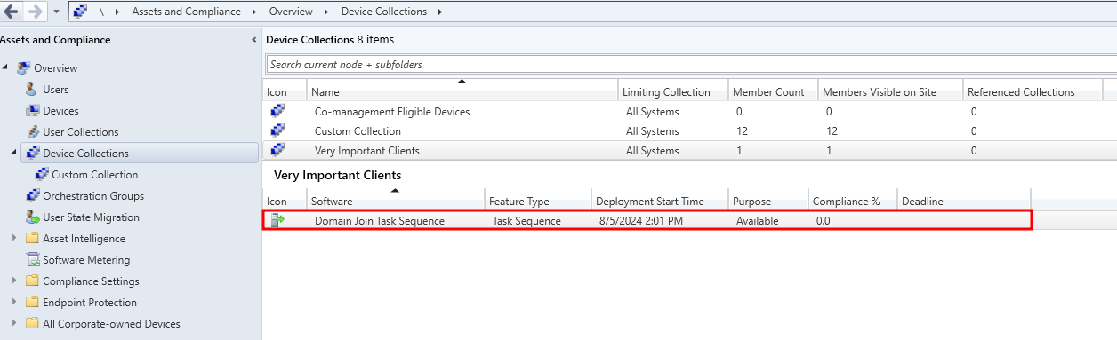 Domain Join Task Sequence associated with the Very Important Clients collection.