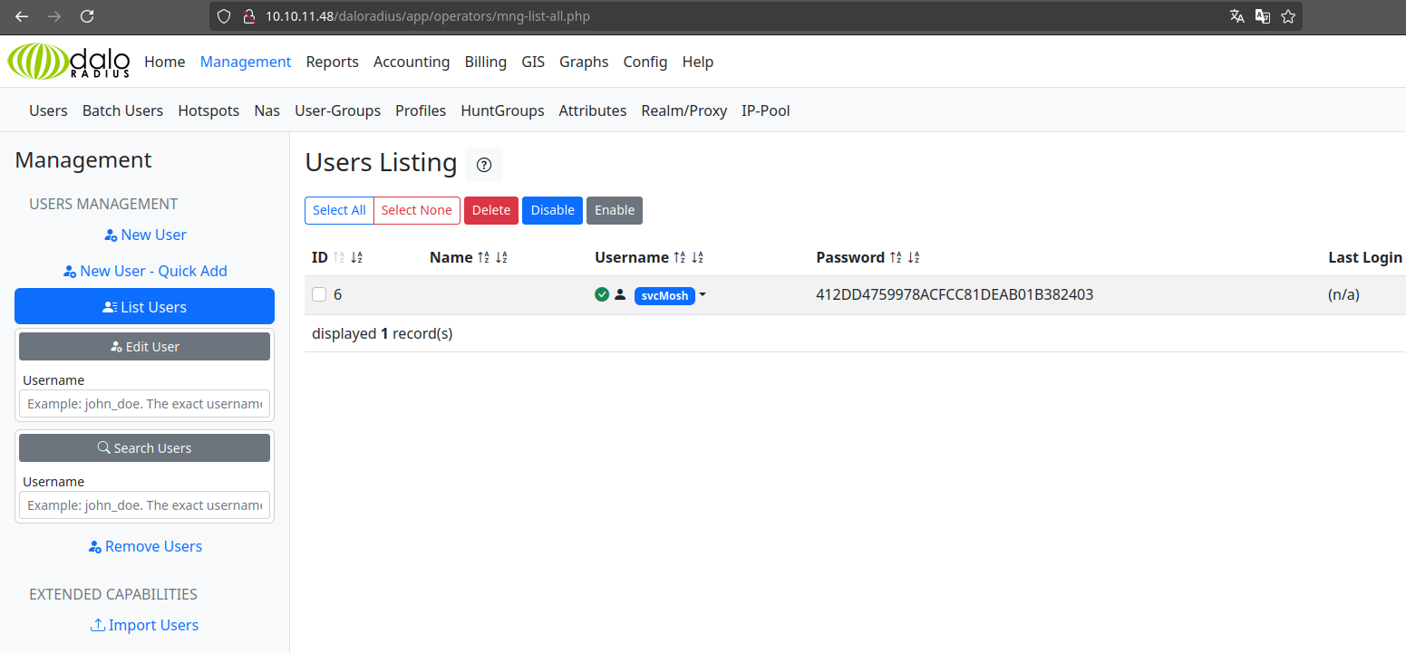 Содержимое страницы Users Listing